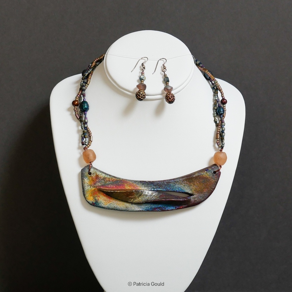 NEW - S9 - Handmade Raku and pearl necklace and earring set - one of a kind
